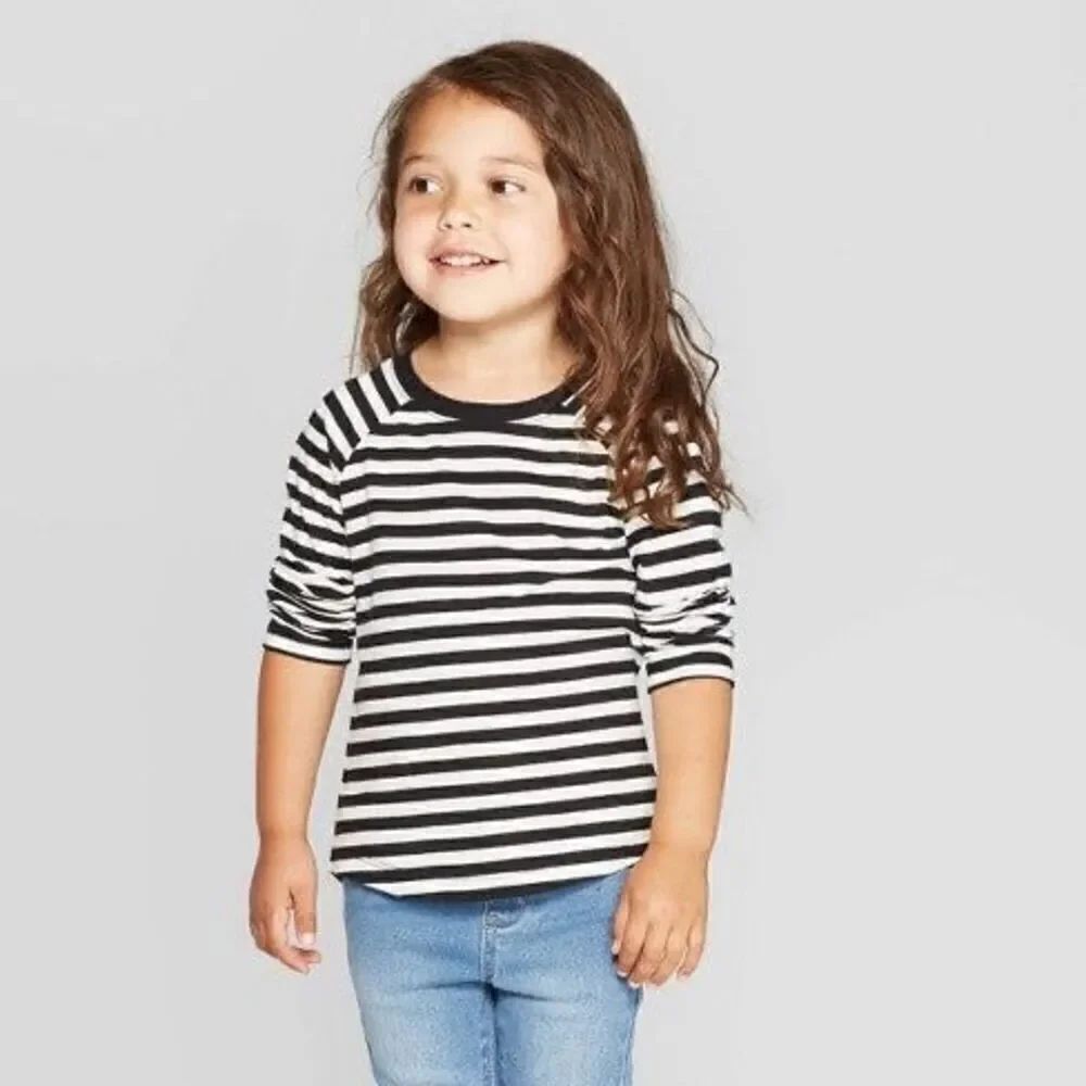 NWT Toddler Girls Cat & Jack Striped Cotton Lomf Sleeve Ranglan Tee Shirt  Sz 2T